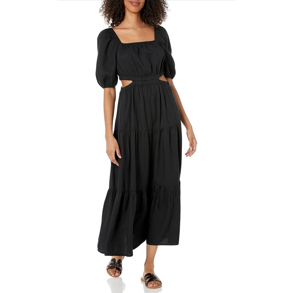 The‎ Drop Womens Anaya Black Cutout Tiered Midi Dress Square Neck Puff Sleeve L